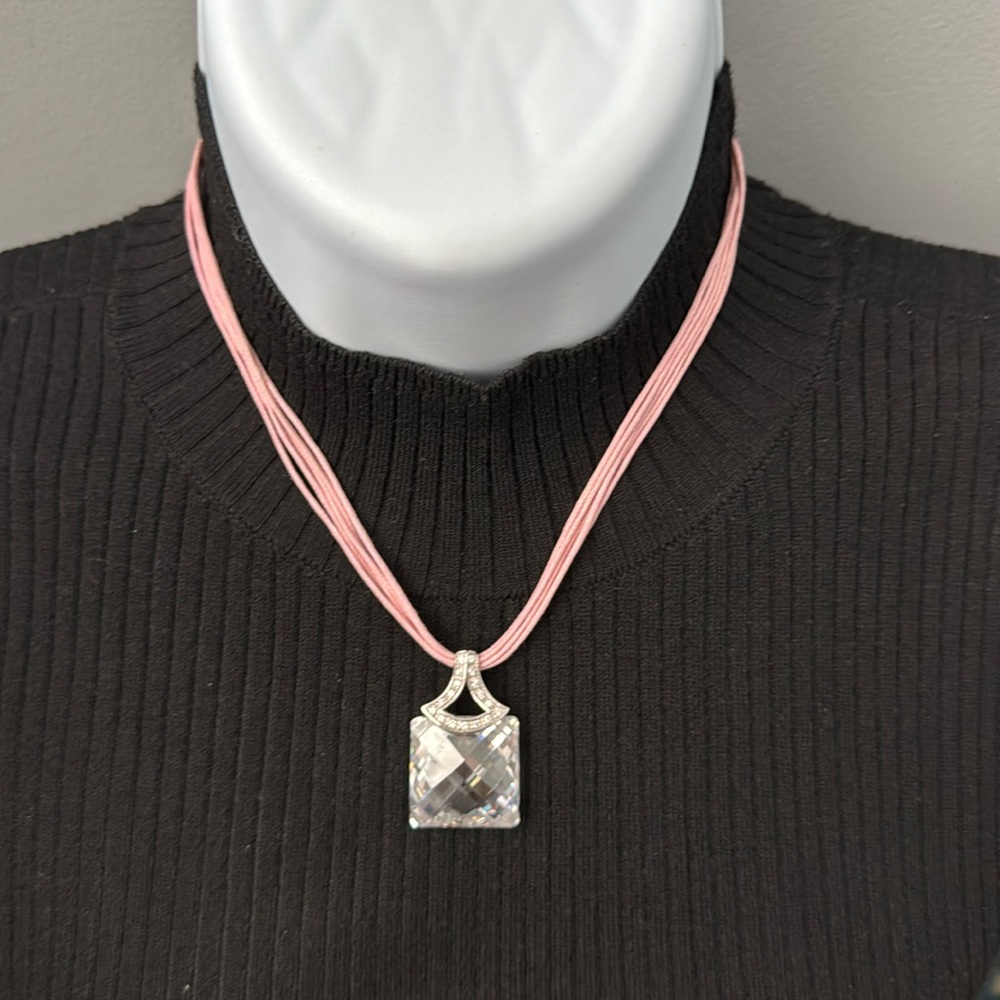 UNCAS MANUFACTURING COMPANY STERLING SILVER CRYSTAL PENDANT PINK CORDED NECKLACE